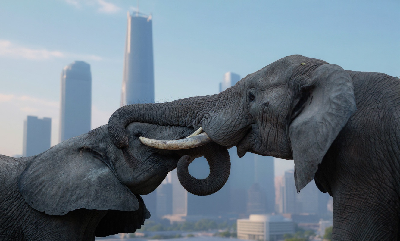 Alvin and Sola, two elephants with intertwined trunks, a futuristic cityscape behind them